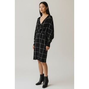 Zonsaoja Sweater Dress M Black White Mini VNeck Windowpane Plaid Holiday Batwing